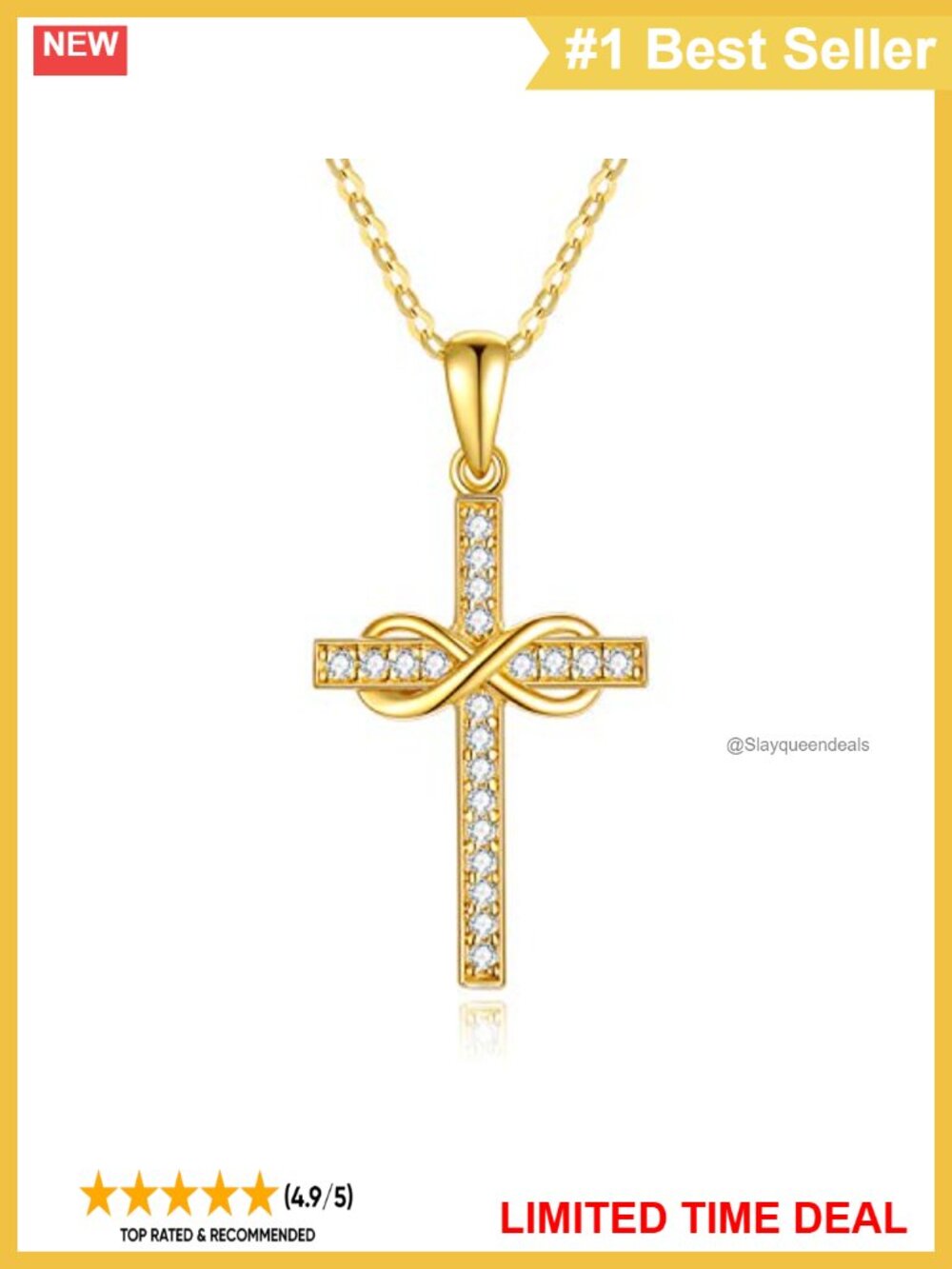 14K Solid Gold Cross Necklace Infinity Pendant Cubic Zirconia 18"